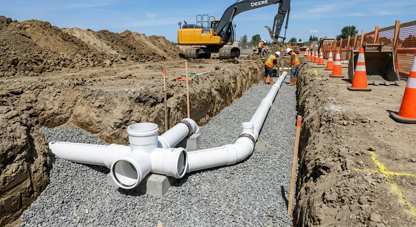 New PVC sewer pipe installation in open trench for Sewer Backup in Simi Valley