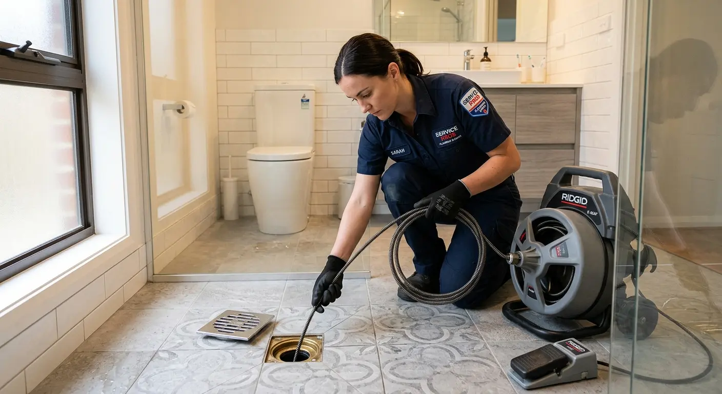 Technician clearing a bathroom floor drain for Drain Cleaning in Simi Valley